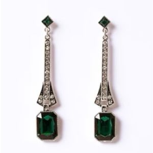 Deco Style Emerald & Silver Crystal Drop Post Earrings